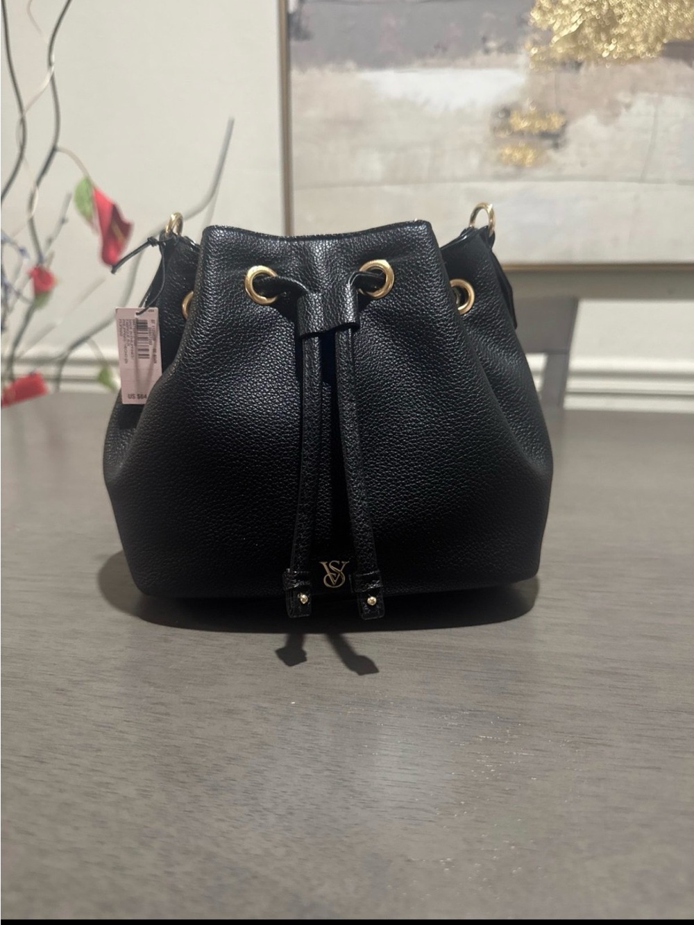 Victoria's Secret Black Pebbled Leather Drawstring Bucket Crossbody